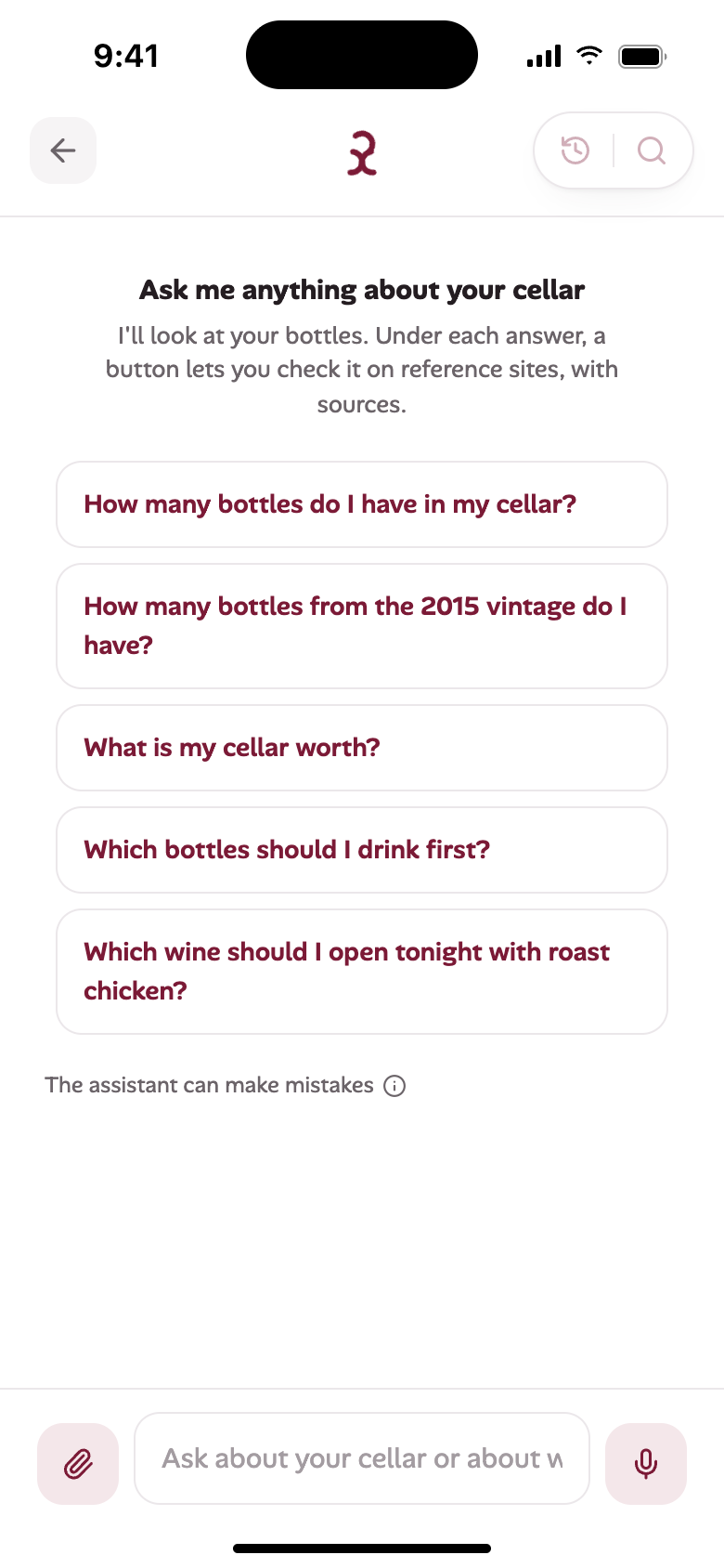 Sommelier screen with five suggested questions