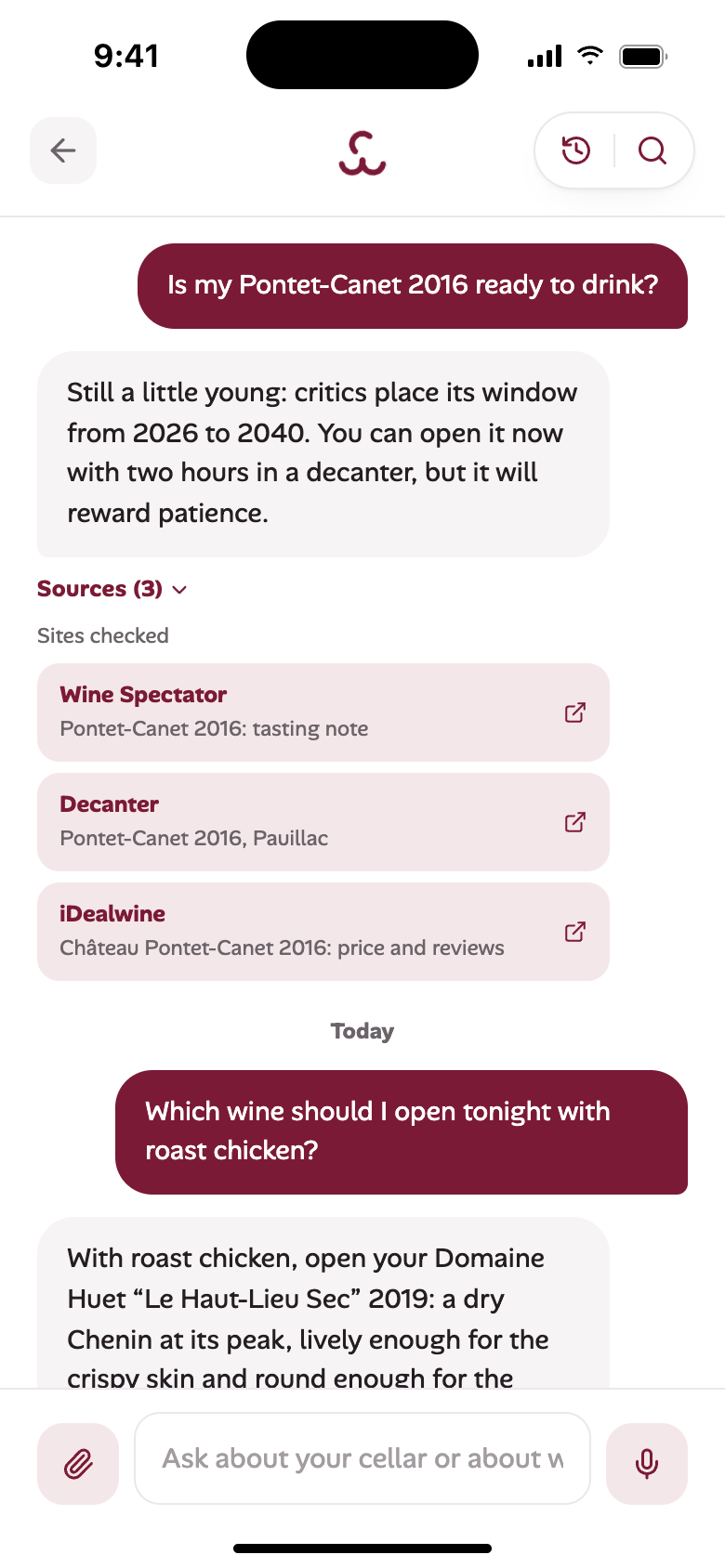 Sommelier answer with its three sources open: Wine Spectator, Decanter, iDealwine