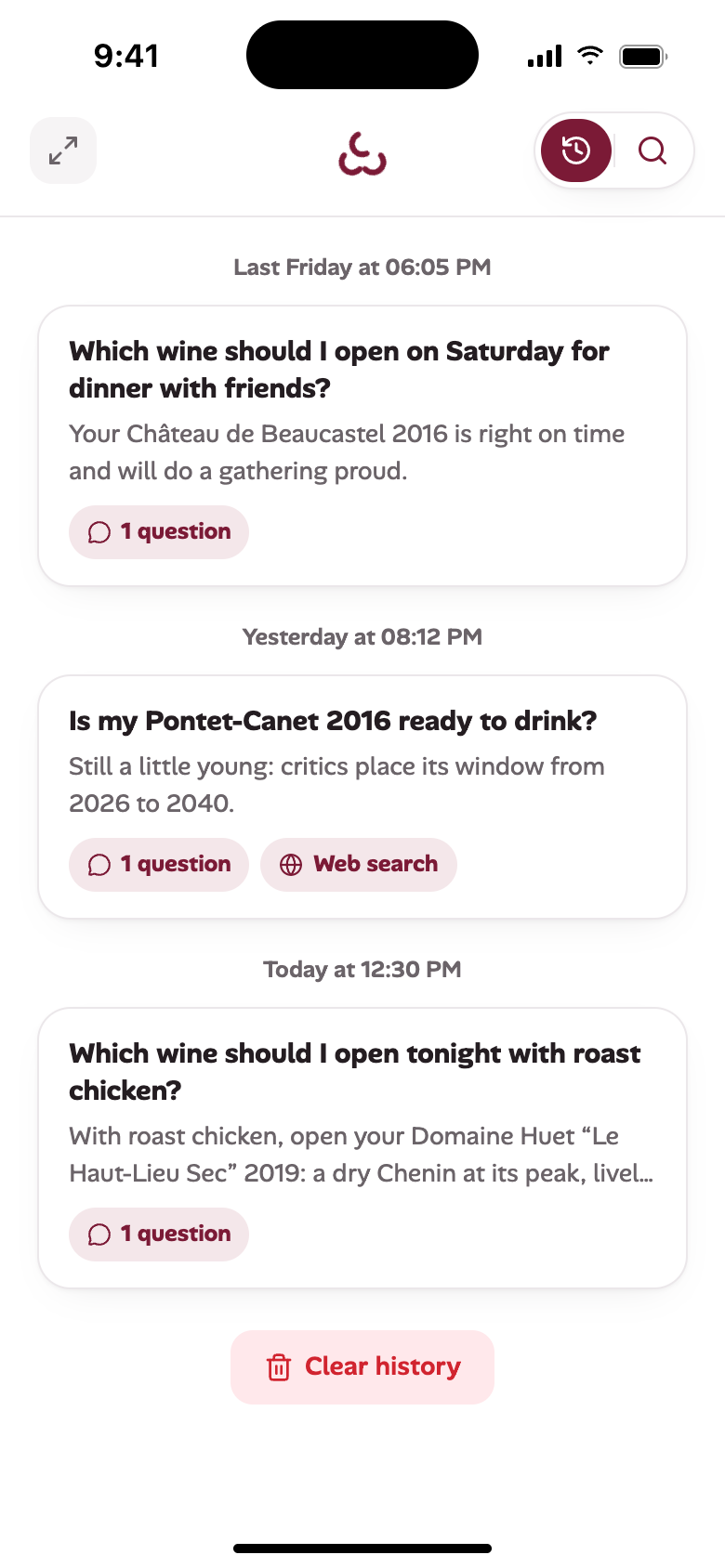 Sommelier history page with three discussions